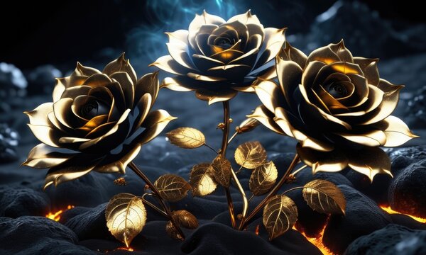 "golden roses in fiery landscape: luxurious metallic blooms against a volcanic backdrop"
