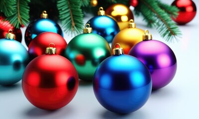 Obraz premium Vibrant christmas ornaments under lush greenery