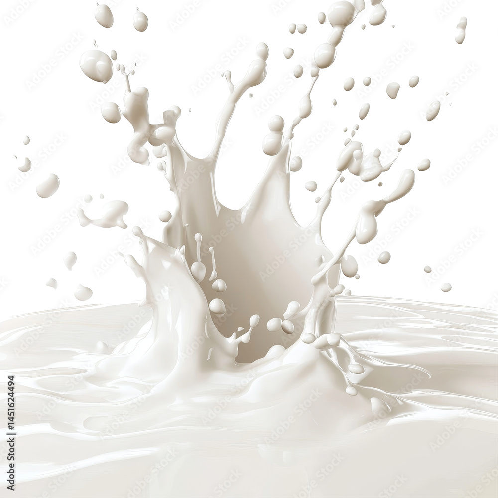 Poster splash of milk creating dynamic droplets against a clean transparent background in a bright setting,