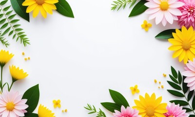 Obraz premium Vibrant floral border with colorful daisies and green leaves on white background