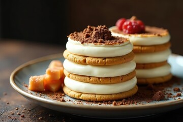 Rich creamy mascarpone layers and coffee-soaked biscuits; elegant dessert presentation , overhead, image