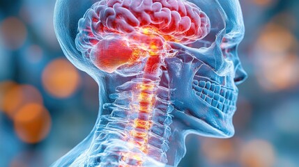 3D anatomical illustration of a human head, highlighting the brain and spinal cord.  