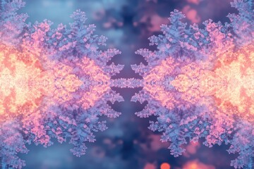 Abstract mirrored floral fractal with warm orange and cool blue tones, creating a beautiful, symmetrical and otherworldly design. 
