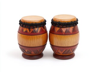 Pair of Small Hand Painted Drums with Geometric Patterns on White Background