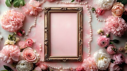 An elegant rose gold frame surrounded by blush floral arrangements and pearl strings, placed on a pastel watercolor paper with light shadows. Created Using: flat lay artistry, fine art photography,