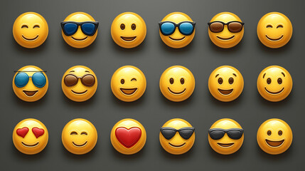Obraz premium Collection of 3D yellow smiley face emojis on dark background
