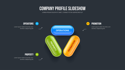 Professional Showcase 3 Step Diagram Slideshow Design. Product Innovation Presentation Template Vector Illustration. Digital Planning Three Option Infographic Frame Layout.