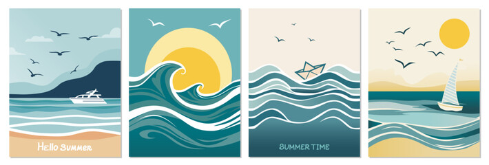 Set of banners, postcards with seashore view with blue wave, bright sun, boat or yacht on horizon. Travel concept, holidays, vacation vector illustrations © Elena