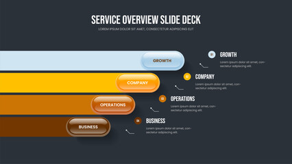 Obraz premium Service Portfolio Presentation Design Vector Illustration. Marketing Solution Four Element Diagram Slideshow Layout. Project Launch 4 Option Infographic Frame Template.