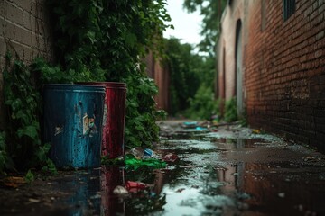 Naklejka premium A rainy alleyway scene with overflowing bins, litter-strewn puddles, brick walls, and overgrown foliage creating an urban decay aesthetic.