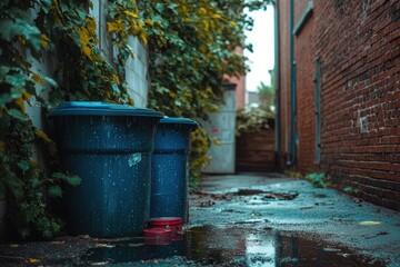 Obraz premium A rainy alleyway with ivy-covered walls, puddles on the ground, and dark blue trash cans near a brick building.