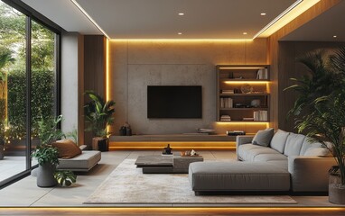 Modern living room, minimalist design, garden view, ambient lighting, interior design