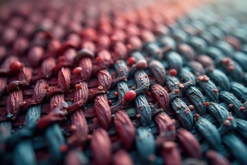 Intricate textile weave close-up, muted tones, yarn, close-up, rustic