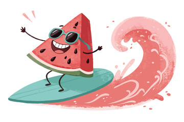 summer-themed illustration of smiling watermelon riding a fruit wave