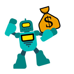 vector illustration of robot holding a bag with money. cute teal robot cartoon character illustration vector design with dollar coin symbol in his hand, isolated on white background 