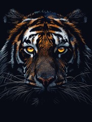 Tiger vector illustration. Hand drawn tiger portrait with grunge background