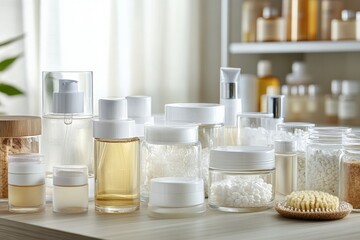 Modern glass jars of skincare products displayed on a wooden table Generative AI