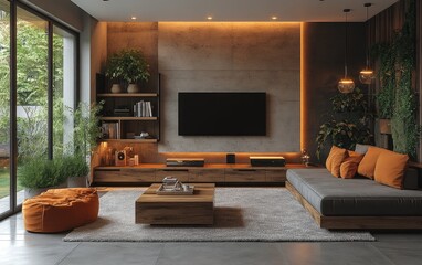 Modern living room interior design, plants, cozy seating