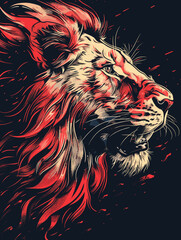 Lion with red mane and a red face. The lion is looking at the camera. The lion is in a black background