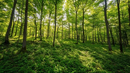 Fototapeta premium Sun-Dappled Forest: A Verdant Canopy of Trees