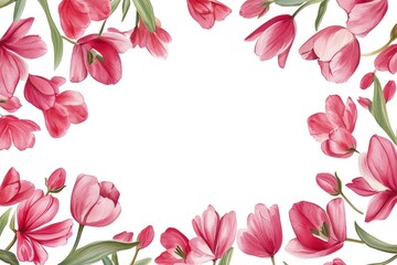 Pink Tulip Flower Border on White Background
