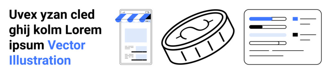Mobile storefront with awning, coin, and UI components emphasizing e-commerce, payment systems, and digital tools. Ideal for retail, finance, marketing, technology user-centered design education