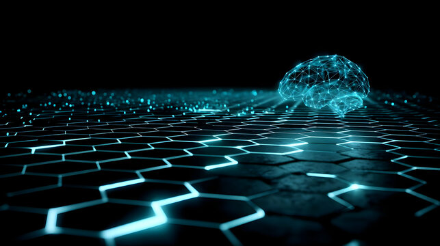 brain visual composed of glowing lines and shifting hex code