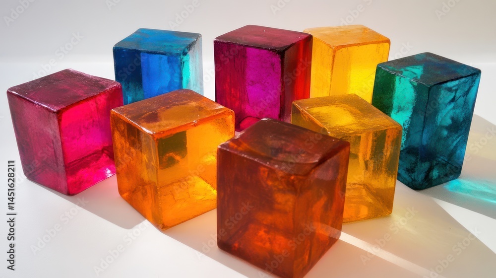 Poster radiant array of translucent cubes: a spectrum of light and color harmonization
