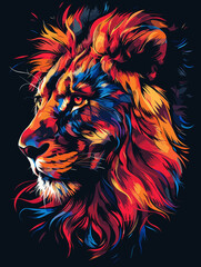 Colorful lion with a red mane and blue eyes. The lion is the main focus of the image, and the colors used give it a vibrant and lively appearance