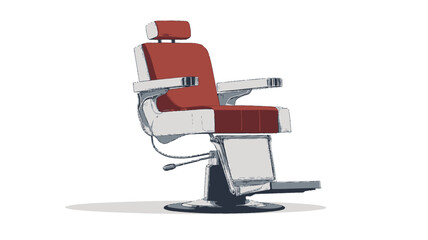 Fototapeta premium This photo shows a barber chair in red and white against a clean white background in a three-quarter view. The chair features a soft, red upholstered seat and back.