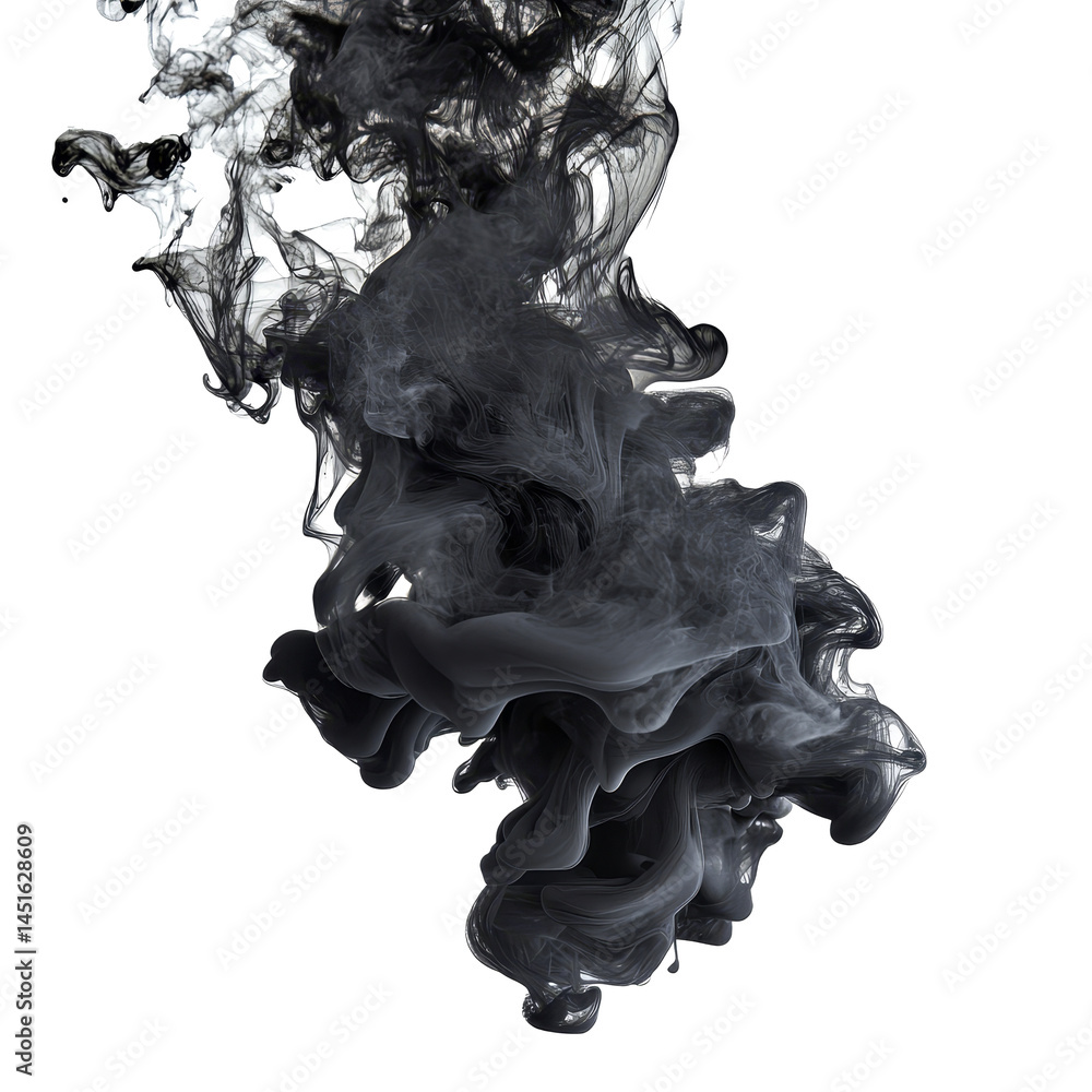Poster black ink swirling and dispersing in water, isolated on a transparent background, creating captivati