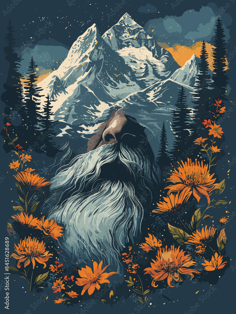 Poster man with a beard is looking up at the mountains. the mountains are covered in snow and the sky is cl