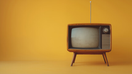 Vintage television on wooden legs against yellow background, retro electronics concept for nostalgic media consumption and analog entertainment history