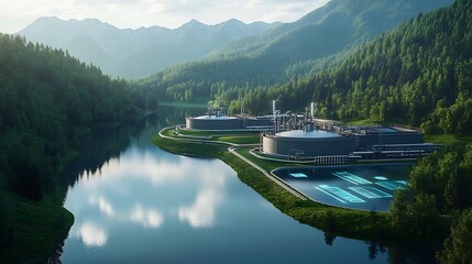 A hydrogen fuel production plant near a lake, surrounded by green forest, with pipelines leading to clean transportation hubs, zero emissions displayed on floating data panels.
