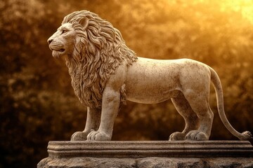 Majestic stone lion statue in profile view.