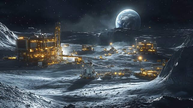 A massive lunar mining operation under Earth&rsquo;s glow, robotic drills extracting rare minerals, domed research bases nearby, astronauts in reflective suits walking across the surface.