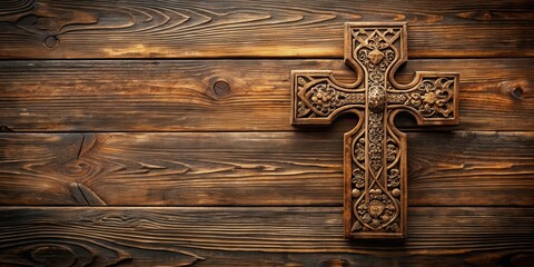 Ornate wooden cross with intricate carvings and symbolism on a rustic wooden background, highlighting the importance of faith and spirituality, wood carvings, sacred symbol