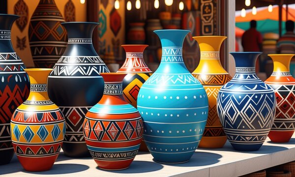 Colorful african patterned vases on display at vibrant outdoor market