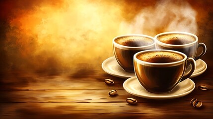 Obraz premium Coffee cups with steam on wooden table