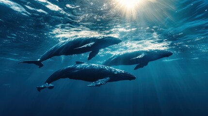Fototapeta premium A pod of whales swimming in a pristine ocean with sunlight streaming through the water.