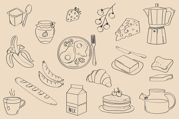 Breakfast food icons in hand drawn style. Collection of breakfast dishes in line art style. Includes milk, eggs, tea, coffee, sausages, fruits, toast and pancakes. Suitable for cafe branding, recipe 