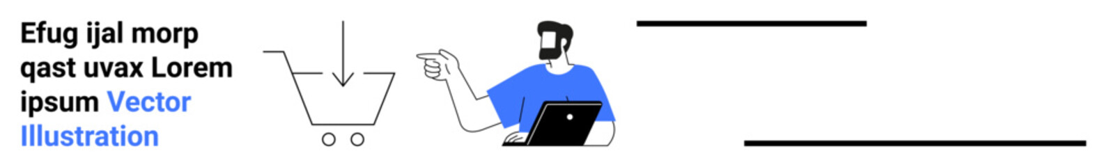 Person at desk with laptop pointing at shopping cart and download arrow. Ideal for e-commerce, technology, online shopping, UIUX, digital marketing, web design, flat landing page banner
