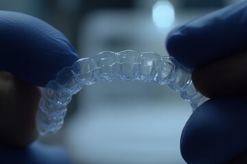 Person smiling with clear aligners in a dental office setting Generative AI