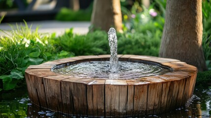 Fototapeta premium Natural charm Rustic wooden water fountain in a garden setting