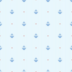 Nautical Themed Seamless Pattern with Anchors and Hearts