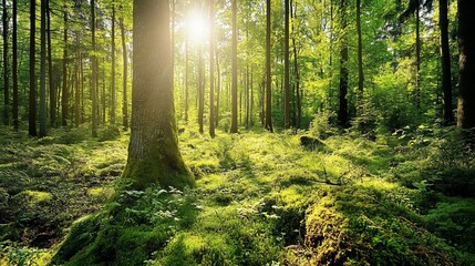 Fototapeta premium Lush Sunlight Filtering Through a Serene Forest Canopy, Natural Beauty