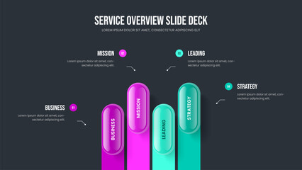 Professional Growth Presentation Design Vector Illustration. Product Insight Four Step Infographic Slide Template. Service Launch 4 Element Diagram Slideshow Layout.