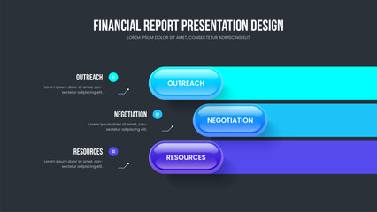 Financial Introduction Slideshow Template Vector Illustration. Advertising Growth 3 Option Diagram Slide Design. Consulting Performance Three Step Infographic Presentation Layout.