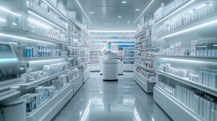 AI-assisted pharmacy where patients receive personalized prescriptions through facial recognition and health data scans, robotic arms dispensing customized medication.