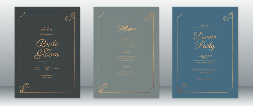 Elegant wedding and dinner party invitation card set in gold and dark tones